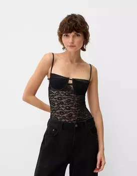 Боди из светлого кружева Bershka, черный
