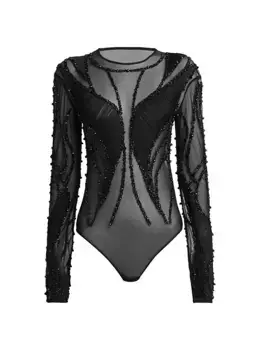 Боди из тюля, расшитое бисером Alberta Ferretti, черный