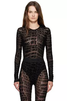 Боди из тюля с эффектом ликвификации и флокированием Versace Jeans Couture, черный