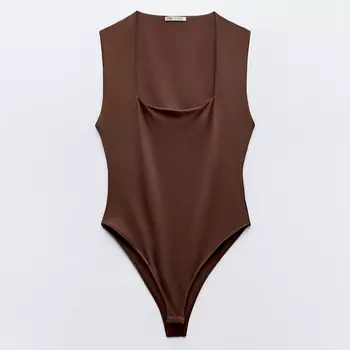 Боди-комбинезон Zara Polyamide With Square Neckline, коричневый
