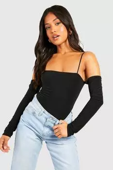 Боди маленького рукава с детальными рукавами Boohoo, черный