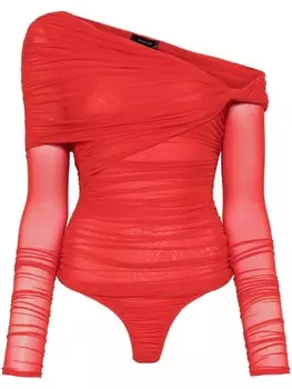 Боди Mugler с открытыми плечами и сборками, красный