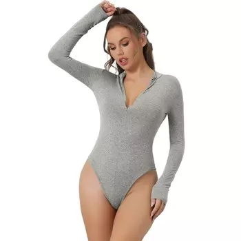Боди на молнии спереди для женщин, повседневные топы с воротником-стойкой и длинными рукавами для похудения на выход ALLEGRA K, серый