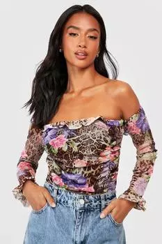 Боди petite с принтом из сетки Boohoo, разноцветный