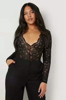 Боди plus с погруженным v-образным вырезом и кружевным боди Boohoo, черный