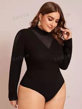 Боди Priv, большие размеры, высокий воротник, сетчатая ткань, трикотаж, идеальная посадка Shein, черный