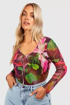 Боди с цветочным цветочным отделком plus tie front Boohoo, черный