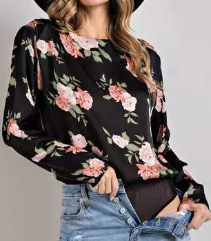 Боди с цветочным принтом и круглым вырезом черного цвета eesome