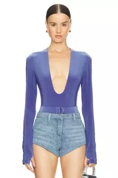 Боди с длинным рукавом и глубоким u-образным вырезом Norma Kamali, синий