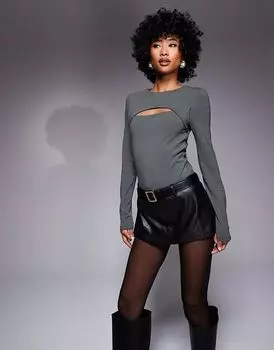 Боди с длинными рукавами и косым вырезом цвета хаки ASOS DESIGN