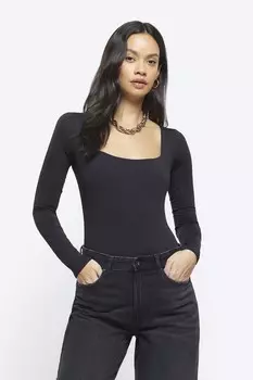Боди с длинными рукавами и квадратным вырезом River Island, черный