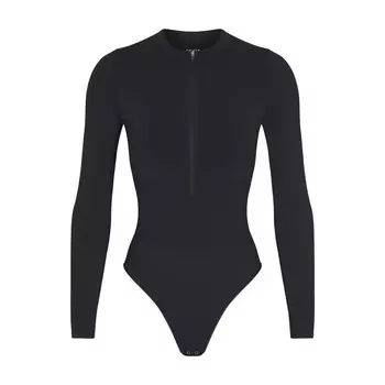 Боди с длинными рукавами и молнией спереди SKIMS Contour Nylon, цвет Onyx