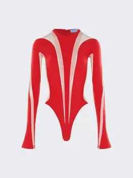 Боди с длинными рукавами и прозрачными вставками Mugler, красный