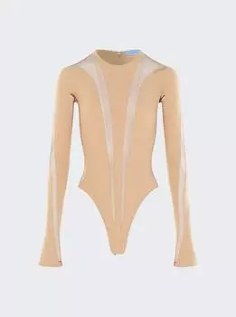 Боди с длинными рукавами и прозрачными вставками Mugler, бежевый