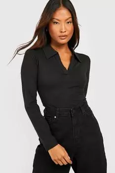 Боди с длинными рукавами и v-образным воротником petite Boohoo, черный