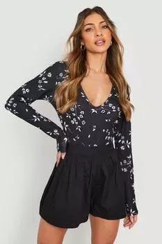 Боди с длинными рукавами и v-образным цветочным вырезом Boohoo, черный