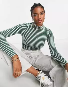 Боди с длинными рукавами и воротником-стойкой ASOS DESIGN бутылочно-зеленого цвета и в белую полоску ASOS DESIGN