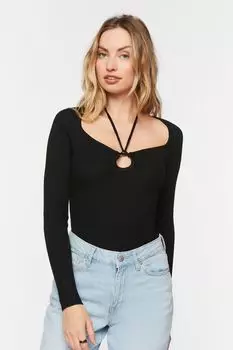 Боди с длинными рукавами и вырезом через шею Forever 21, черный