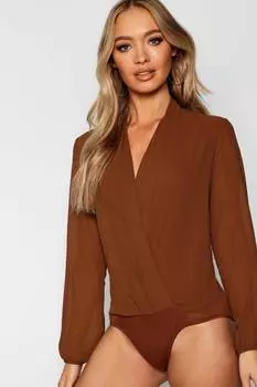 Боди с длинными рукавами из драпированного шифона Boohoo, кэмел