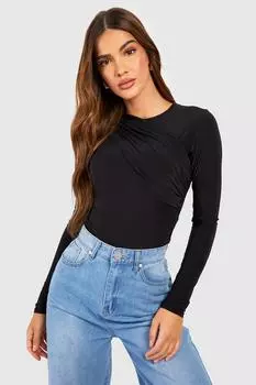 Боди с длинными рукавами, облегающимся запахом Boohoo, черный