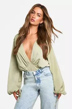 Боди с глубоким вырезом и объемными рукавами boohoo, зеленый