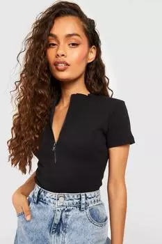 Боди с короткими рукавами на половинной молнии в резку Boohoo, черный