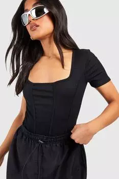 Боди с корсетом petite rib Boohoo, черный
