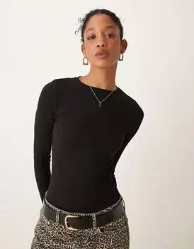 Боди с круглым вырезом и длинными рукавами черного цвета New Look