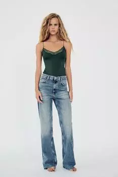 Боди с кружевной отделкой ZARA, темно-зеленый