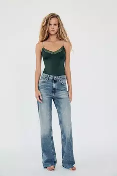 Боди с кружевной отделкой ZARA, темно-зеленый
