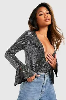 Боди с пайетками и руфлями на манжетах Boohoo, черный