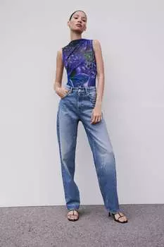 Боди с принтом из тюля ZARA, фиолетовый