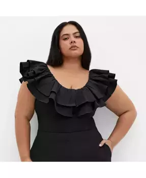 Боди с рюшами на плечах больших размеров CITY CHIC, черный
