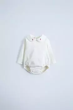 Боди с воротником "питер пэн" с цветочной вышивкой ZARA, устрично-белый