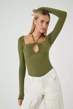 Боди с вырезом через шею Forever 21, оливковый