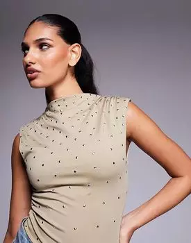 Боди с высоким воротом и заклепками цвета светло-хаки ASOS DESIGN