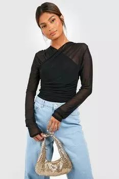 Боди сетчатое Boohoo через плечо, черный