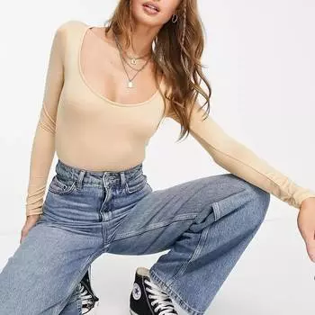 Боди Stradivarius Scoop Neck Seamless Sculpt, бежевый