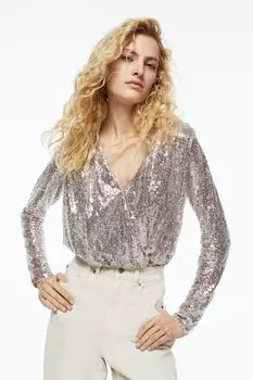 Боди-танга с пайетками H&amp;M, светло-бежевый/серебристый
