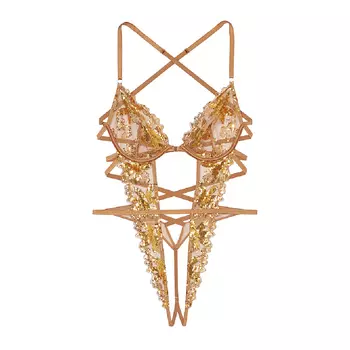 Боди Victoria's Secret Very Sexy Gold Sequined Floral Embroidery Unlined Strappy Crotchless, золотой