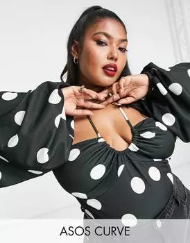 Боди в горошек с объемными рукавами и вырезом халтер ASOS DESIGN Curve