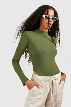 Боди в ребку с длинными рукавами, вырастанными на шее Boohoo, хаки