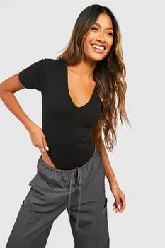 Боди в ребку с v-образным вырезом и короткими рукавами Boohoo, черный