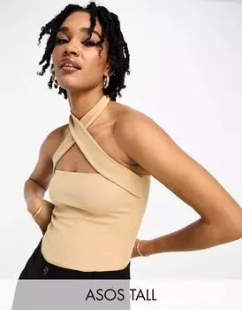 Боди в рубчик ASOS DESIGN Tall каменного цвета с перекрещенными бретельками