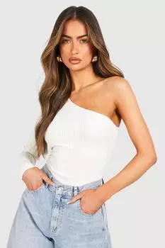 Боди в рубчик на одно плечо с длинными рукавами boohoo, белый