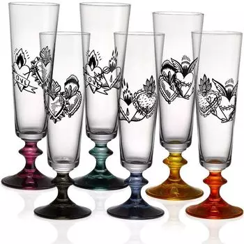 Бокалы для шампанского Бокал для шампанского Bella Hard Heart с мотивом тату в виде сердца хрустальный бокал 205 мл набор из 6 разноцветных Bohemia Crystalex