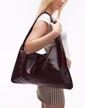 Большая блестящая сумка-тоут ARKET из натуральной кожи бордового цвета
