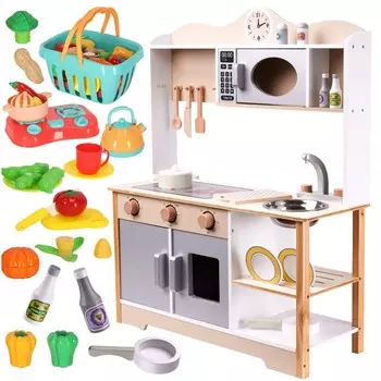 Большая деревянная детская кухня с игрушками + овощи и фрукты на нарезку Trifland
