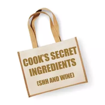 Большая джутовая сумка «Секретные ингредиенты повара» (тсс и вино) Натуральная сумка с золотым текстом 60 SECOND MAKEOVER, золото