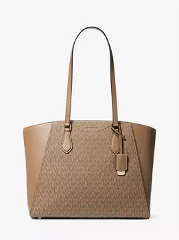 Большая фирменная сумка-тоут Taryn с логотипом и кожаной отделкой Michael Kors, коричневый